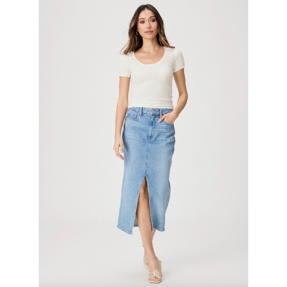 Paige Angela High Rise Denim Midi Skirt Light Blue Front Slit 0 24 8648635-B192